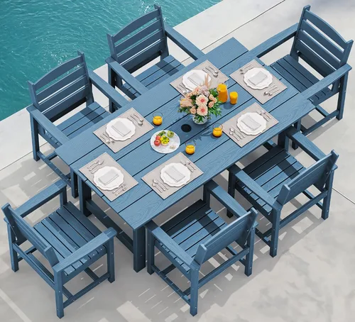 Vista 52 de SERWALL Juego de mesa de comedor de 7 piezas, muebles de comedor de polietileno de alta densidad para exteriores con agujero para paraguas y 6 Negro