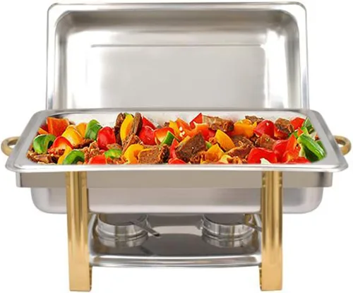 Vista 9 de Juego de bufé de platos de acero inoxidable 201, calentador de catering rectangular plateado, calentador de alimentos para fiestas, bufé