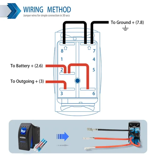 Vista 4 de Interruptor basculante conmutable impermeable con botón de bocina momentánea - Encendido/Apagado Luz LED Azul - 12V 20Amp 24V 10Amp, 5 Pines Para