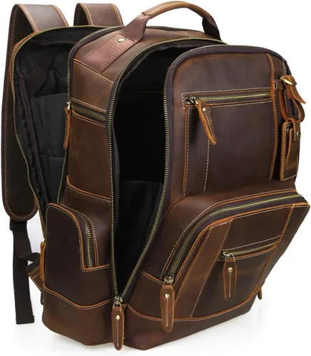 Vista 4 de Lannsyne Mochila vintage de cuero de grano completo para hombre de 15.6 pulgadas, mochila para laptop de camping y viajes, mochila de 24 L, Marrón