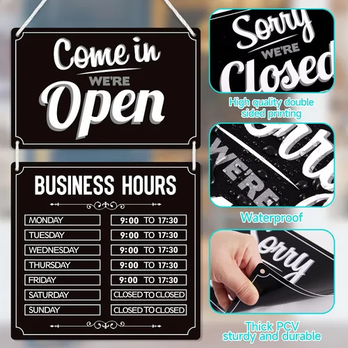Vista 4 de Señales de horario comercial abierto y cerrado, letreros cerrados abiertos de doble cara, horario comercial reemplazable decoración colgante