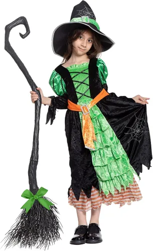 Vista 2 de Disfraz de bruja de Halloween para niñas, vestido de bruja verde lindo disfraz de lujo juego de rol
