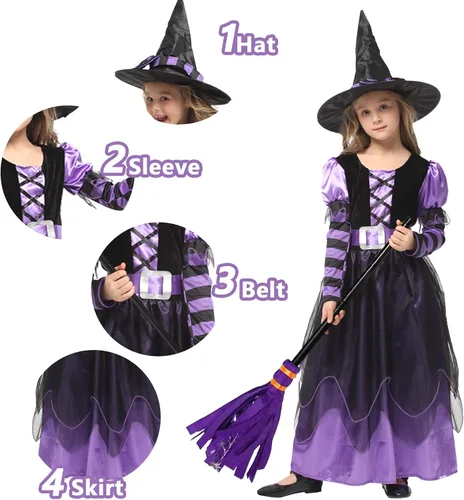 Vista 5 de Witch Costume Girls Halloween Witch Dress Costumes Kids Deluxe Witch Hat Broomstick Halloween Candy Bags Fancy Dress Up Party