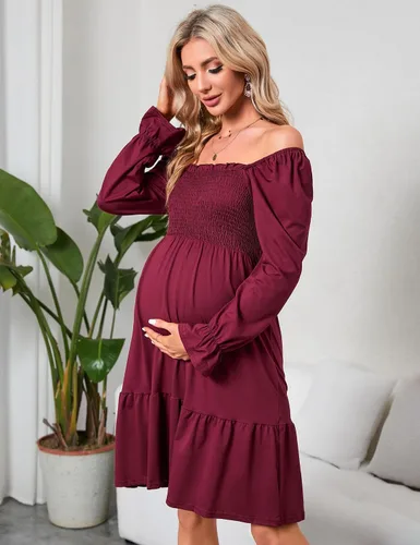 Vista 3 de KOJOOIN Vestido de verano de manga corta con cuello cuadrado para mujer, estilo bohemio, fruncido, con volantes, casual, vestido midi para baby
