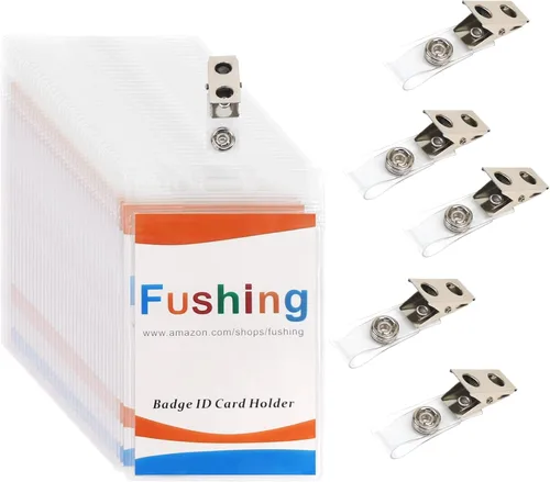 Vista 10 de Fushing 30 soportes para tarjetas de identificación con clips, impermeables, verticales, de plástico transparente, con clips de metal y correas