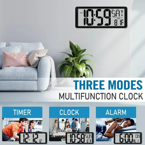 Vista 7 de TXL Reloj de pared digital grande de 14.2 pulgadas, funciona con pilas, reloj digital con pantalla grande con día, fecha y temperatura, reloj