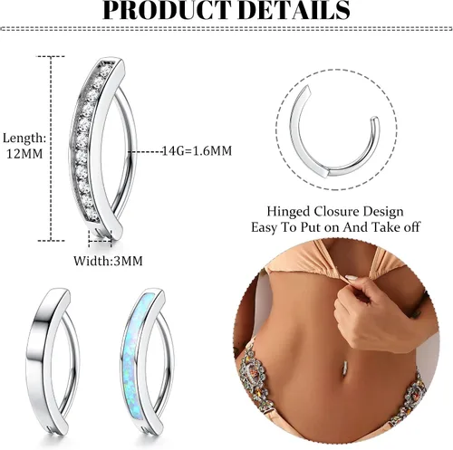 Vista 2 de FIBO STEEL 3 anillos de ombligo de 14 G para mujer, de acero quirúrgico, circonita cúbica, ópalo, anillos simples para el ombligo, joyería corporal