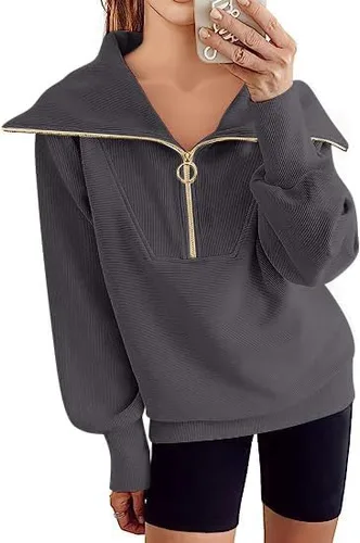 Vista 2 de ECHOINE Sudadera de gran tamaño con media cremallera para mujer, sudadera de manga larga con cremallera de un cuarto, sudadera con capucha