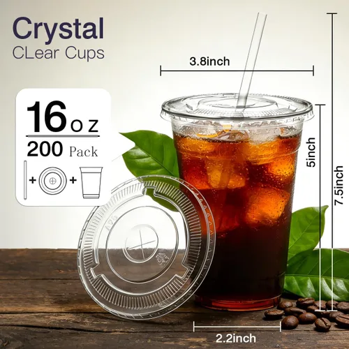 Vista 9 de ARTLYMERS Paquete de 200 vasos de plástico transparente de 16 onzas con tapas y pajitas, tazas desechables para café helado con tapas para bebidas