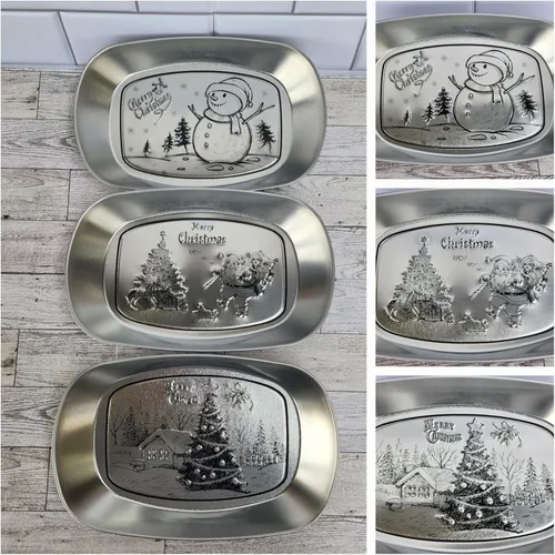 Vista 4 de Juego de 3 bandejas decorativas ovaladas de metal plateado, esenciales, decoración de Acción de Gracias y vacaciones, bandejas de tocador en relieve