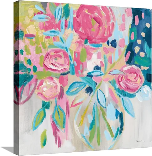 Vista 16 de ART.COM Farida Zaman - Lienzo enmarcado para pared, diseño floral rosa de verano, decoración botánica, 16 x 16 pulgadas, marco negro con paspartú