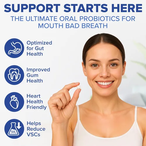 Vista 3 de Tuthi Probióticos orales y raspador de lengua - Tratamiento para el mal aliento para adultos - Probióticos dentales para dientes y encías - Apoya