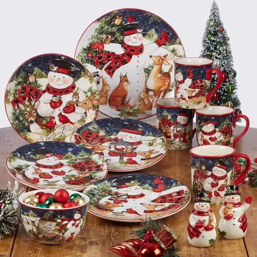 Vista 9 de Magic of Christmas Snowman - Juego de vajilla navideña de 16 piezas, servicio para 4, platos alegres de invierno, tazas y cuencos para comidas