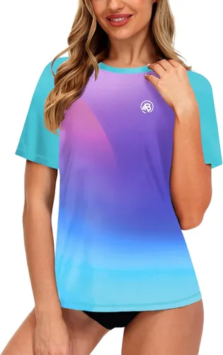 Vista 9 de AOBUTE Camisetas de natación de manga corta para mujer con protección solar degradada