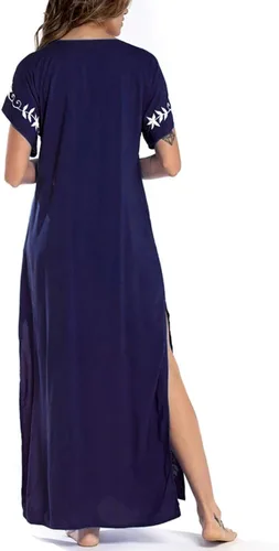 Vista 2 de Bsubseach Cubierta de traje de baño bordada con cuello en V y manga corta para mujer, vestidos caftán