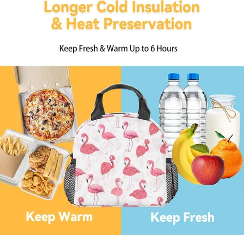 Vista 6 de Lonchera de flamenco para niñas, pequeñas bolsas de almuerzo aisladas, bonita lonchera reutilizable para mujeres, bolsas de almuerzo portátiles