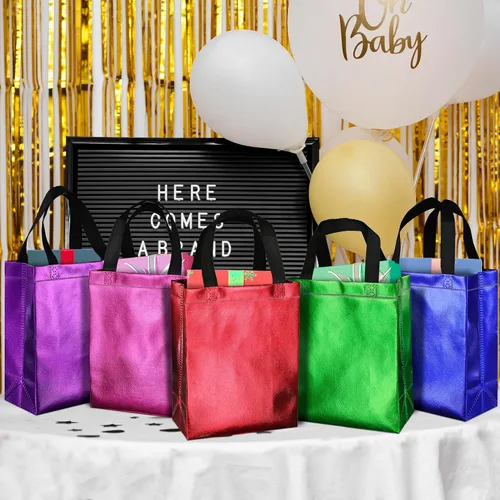 Vista 4 de BLEWINDZ 100 bolsas de regalo reutilizables medianas con asas - Ideales para obsequios de fiestas y bolsas de compras (10 colores)