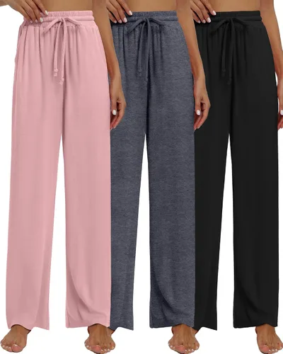 Vista 2 de Neer Paquete de 3 pantalones de yoga para mujer con bolsillos, cintura alta, cómodos, con cordón, pantalones deportivos sueltos de pierna ancha