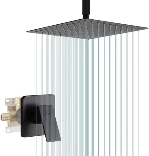 Vista 17 de Conjunto de llave de regadera color negro mate, sistema de regadera de lluvia para baño con cabezal de regadera de metal de acero inoxidable, kit