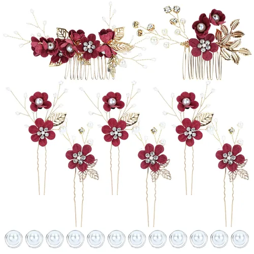Vista 10 de inSowni - Juego de 20 peines laterales para el pelo con flores en tonos rosa polvoriento, azul y blanco, pinzas para el pelo con flores, pinzas