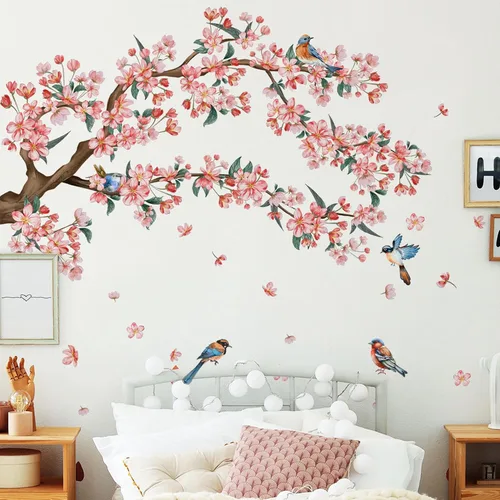 Vista 10 de Calcomanías de pared grandes de palmera negra, calcomanías de pared de pájaros tropicales de cocotero, mural de bosque para dormitorio, sala