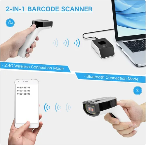 Vista 4 de NETUM Escáner de código de barras inalámbrico Bluetooth 1D de moda, lector de código de barras CCD manos libres con soporte y memoria incorporada