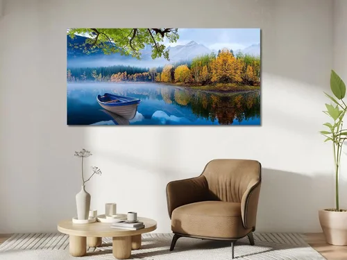 Vista 4 de Arjun Lienzo decorativo para pared, diseño de lago y montaña, cielo, naturaleza, paisaje, barco, ilustración, pintura escénica moderna, enmarcada
