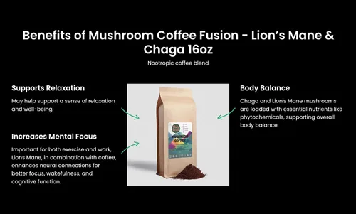 Vista 4 de Daily Shroom - Mezcla de café orgánico de hongos 100% natural, sin OMG, melena de león y chaga para concentración, energía y apoyo inmunológico, 16