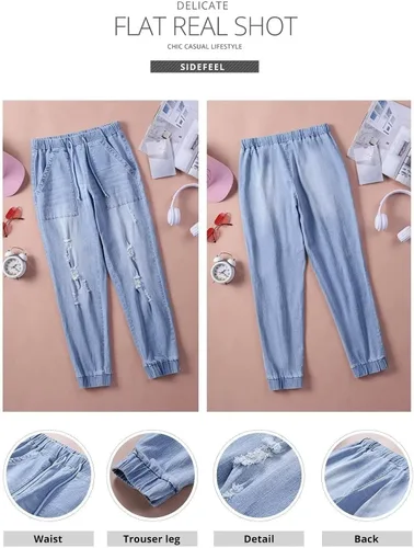 Vista 7 de Sidefeel - Pantalones de mezclilla para mujer, con aspecto desgastado, elásticos y con cintura elástica