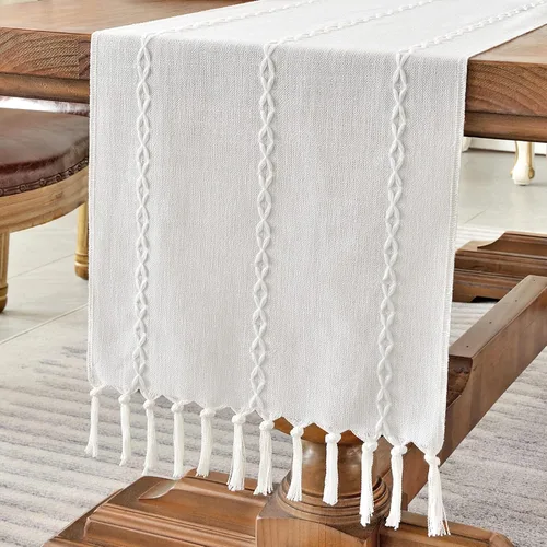 Vista 10 de Wracra Camino de mesa de lino rústico estilo granja, camino de mesa bordado de 36 pulgadas de largo con borlas a mano para fiestas, decoración