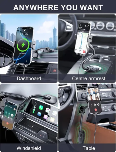 Vista 2 de Cargador de coche inalámbrico, con cuello de cisne ajustable, cargador de automóvil de sujeción automática, tablero de instrumentos