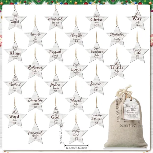 Vista 3 de Landhoow 24 piezas de adornos navideños con nombres de Jesucristo, adornos colgantes de madera con los nombres del salvador, adorno para árbol