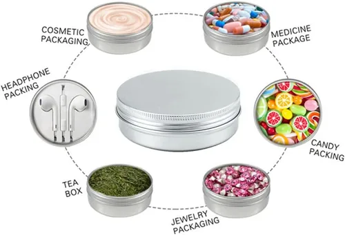 Vista 3 de Tarros vacíos de aluminio de 2 onzas con tapa de rosca con tapas, 75 latas de velas redondas, recipientes cosméticos recargables para bálsamo