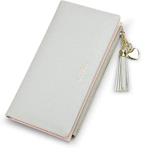 Vista 8 de Sumgogo - Cartera delgada para mujer, cartera larga con borlas, cierre zipper, monedero, bolso de mano, estuche para tarjetas, Rosa, Minimalista