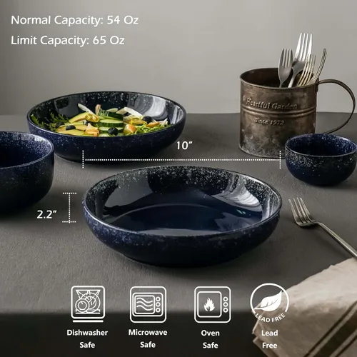 Vista 2 de S&Q'S CERAMICS Juego de 4 tazones grandes para servir, tazones grandes para ensalada de 65 onzas, platos hondos de cerámica anchos y poco profundos