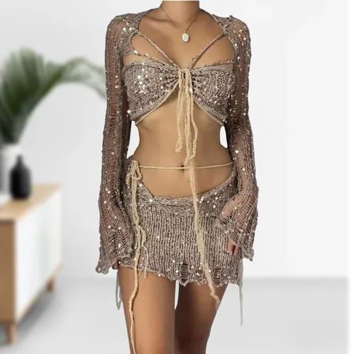 Vista 5 de Akloker Conjunto de falda de 3 piezas con lentejuelas para mujer, Y2K, de punto, de ganchillo, manga larga, halter, cárdigan, falda corta, trajes