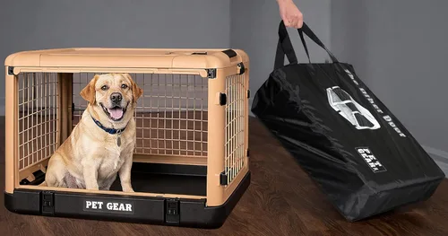 Vista 8 de Pet Gear The Other Door - Caja de acero de 4 puertas para perros/gatos, 27 pulgadas, color beige Puerta estilo garaje, incluye cama de felpa