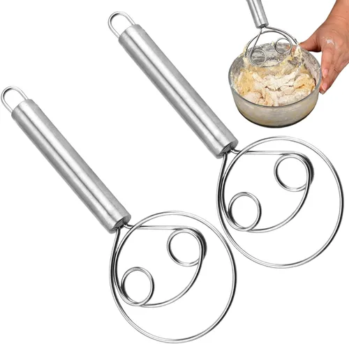 Vista 3 de Batidor de masa de 2 piezas, mezclador de masa de pan de acero inoxidable de 8,9 pulgadas, batidor de mano de ojos dobles, herramienta