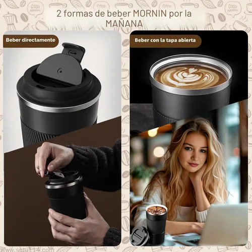 Vista 8 de Taza de Café de Viaje de 12 OZ, Taza de Café Aislada con Tapa a Prueba de Derrames y Fugas, Vaso Portátil de Acero Inoxidable Reutilizable para Agua