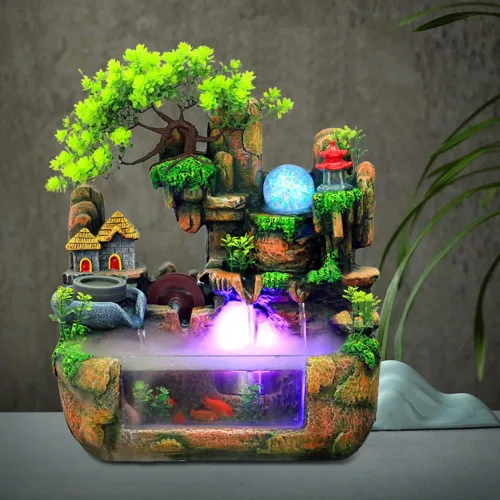Vista 2 de Fuente de agua de mesa, mini fuente de cascada silenciosa con luces LED coloridas y atomizador, silenciosa rocalla de escritorio para relajación