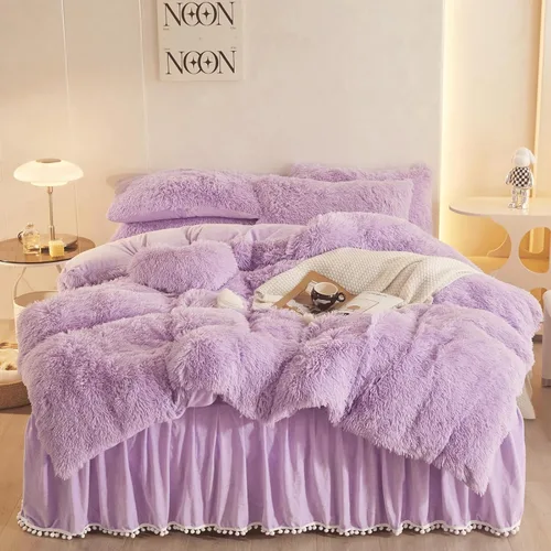 Vista 22 de Juego de funda de edredón beige peludo tamaño individual, juego de ropa de cama individual de piel sintética beige de 2 piezas