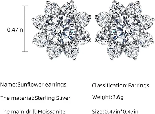 Vista 2 de Vinson Juego de aretes tipo dormilona de moissanita de 0.197 in con halo de girasol de plata chapada en platino para mujer, Plata de ley, Moissanita