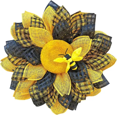 Vista 5 de Ujicde Corona de abeja de verano para puerta delantera, girasol artificial para colgar en la pared, coronas decorativas para puerta delantera