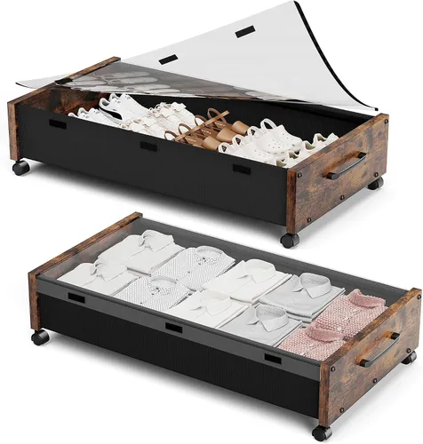 Vista 11 de KITHELP Almacenamiento de madera debajo de la cama con ruedas, contenedores de almacenamiento rodantes debajo de la cama con tapa extraíble, cajones