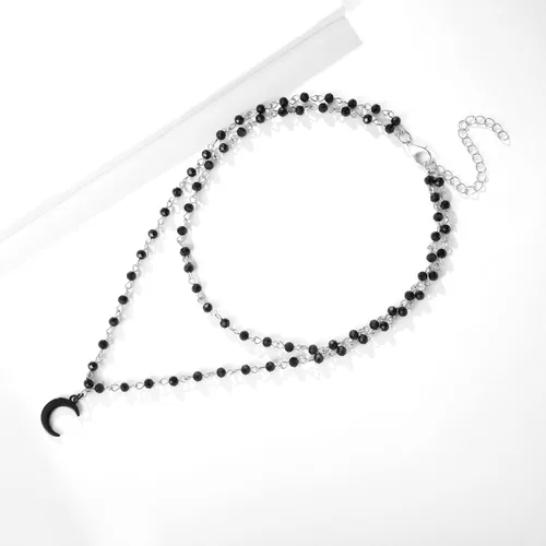 Vista 3 de Collar de luna para mujer, collar de luna creciente negra en capas, collar de joyería de bruja gótica, collar de cuentas de ónix, collar gótico