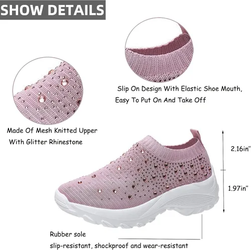 Vista 4 de Tenis ortopédicos de malla de punto con diamantes de imitación para mujer, cómodos, transpirables, con soporte de arco, mocasines ultraligeros