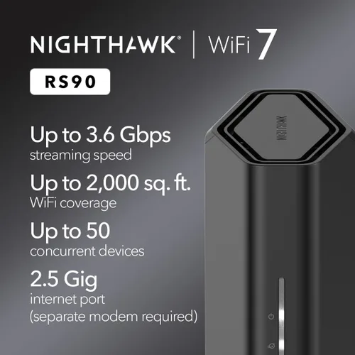 Vista 2 de NETGEAR Router WiFi 7 de doble banda Nighthawk (RS90): solo enrutador, velocidad inalámbrica BE3600 (hasta 3,6 Gbps) - Cubre hasta 2,000 pies