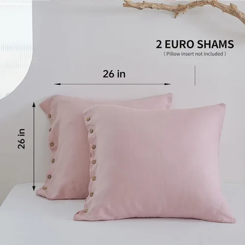 Vista 3 de Simple&Opulence Funda de Cojín Euro de Lino 100% Lavado, 26 x 26 Pulgadas, Funda Decorativa de Almohada para Cama con Botón de Coco, Juego de Fundas