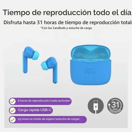Vista 7 de myFirst Carebuds Auriculares para Niños - Auriculares Inalámbricos Bluetooth Verdaderos con Límite de Volumen de 85db, Micrófono, Estuche de Carga