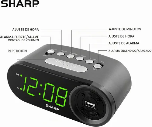 Vista 4 de Reloj despertador digital afilado con carga USB 2A y pantalla LED verde Puerto USB de alta velocidad 2A; LED verdes de fácil lectura; Controles